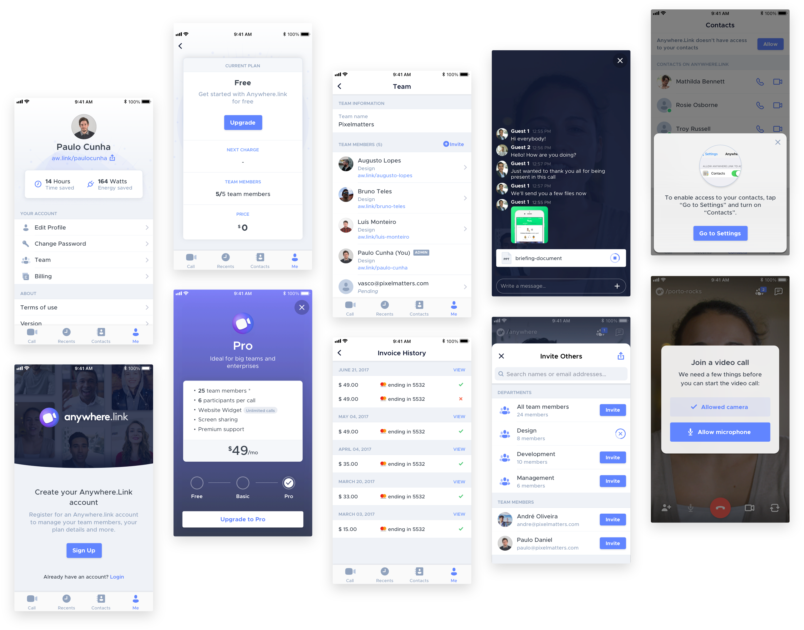 Anywhere.Link mobile product screens and flows