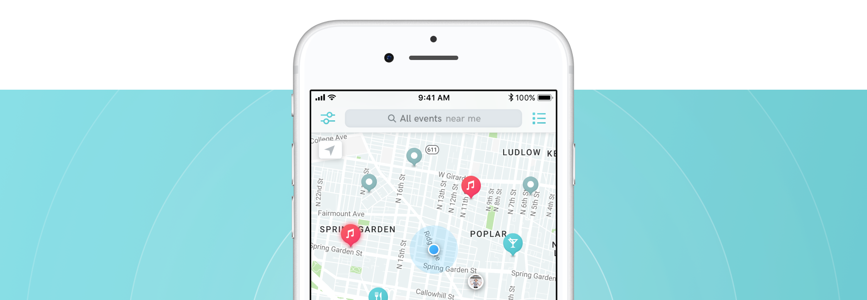 Clinky hero composition with iPhone mockup over a city map