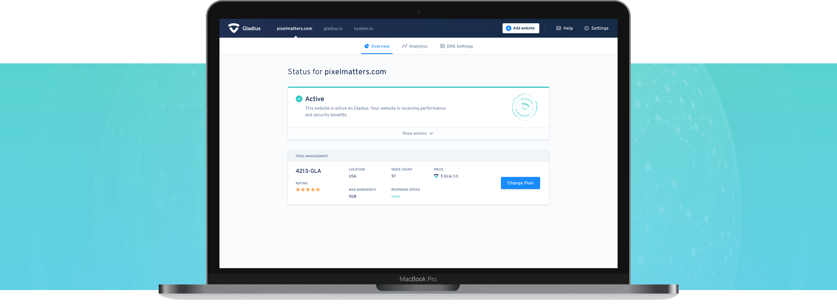 Gladius hero showing the web dashboard on a laptop