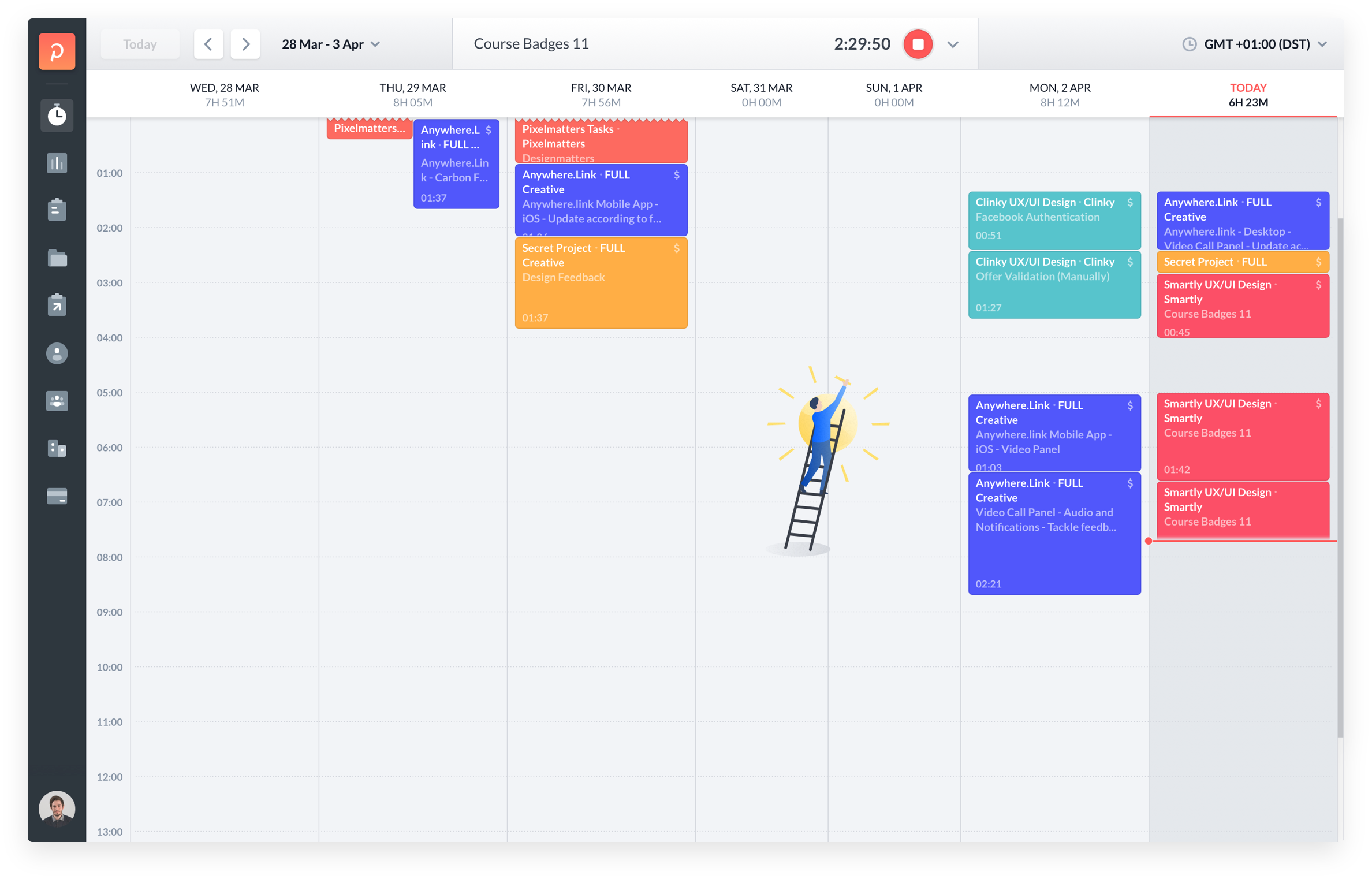 Yoco Anywhere calendar-style work tracking interface