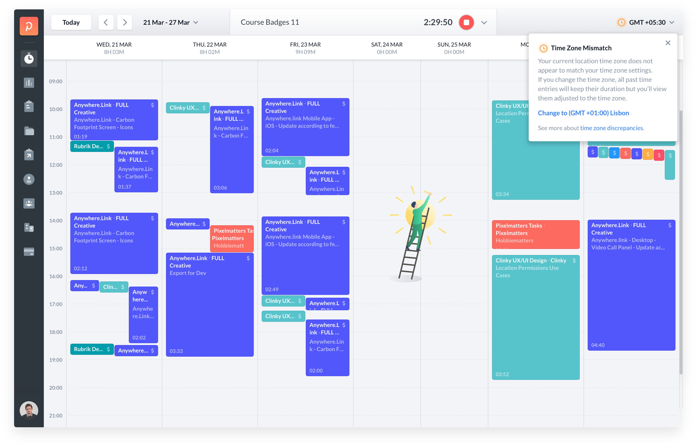 Yoco Anywhere productivity interface with work entries and side panel